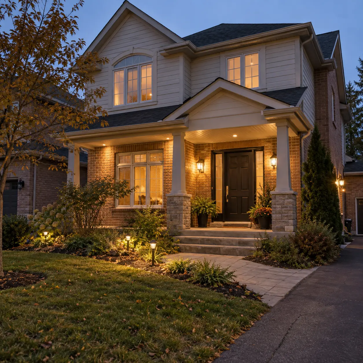Residential home with exterior lighting and a welcoming front entrance